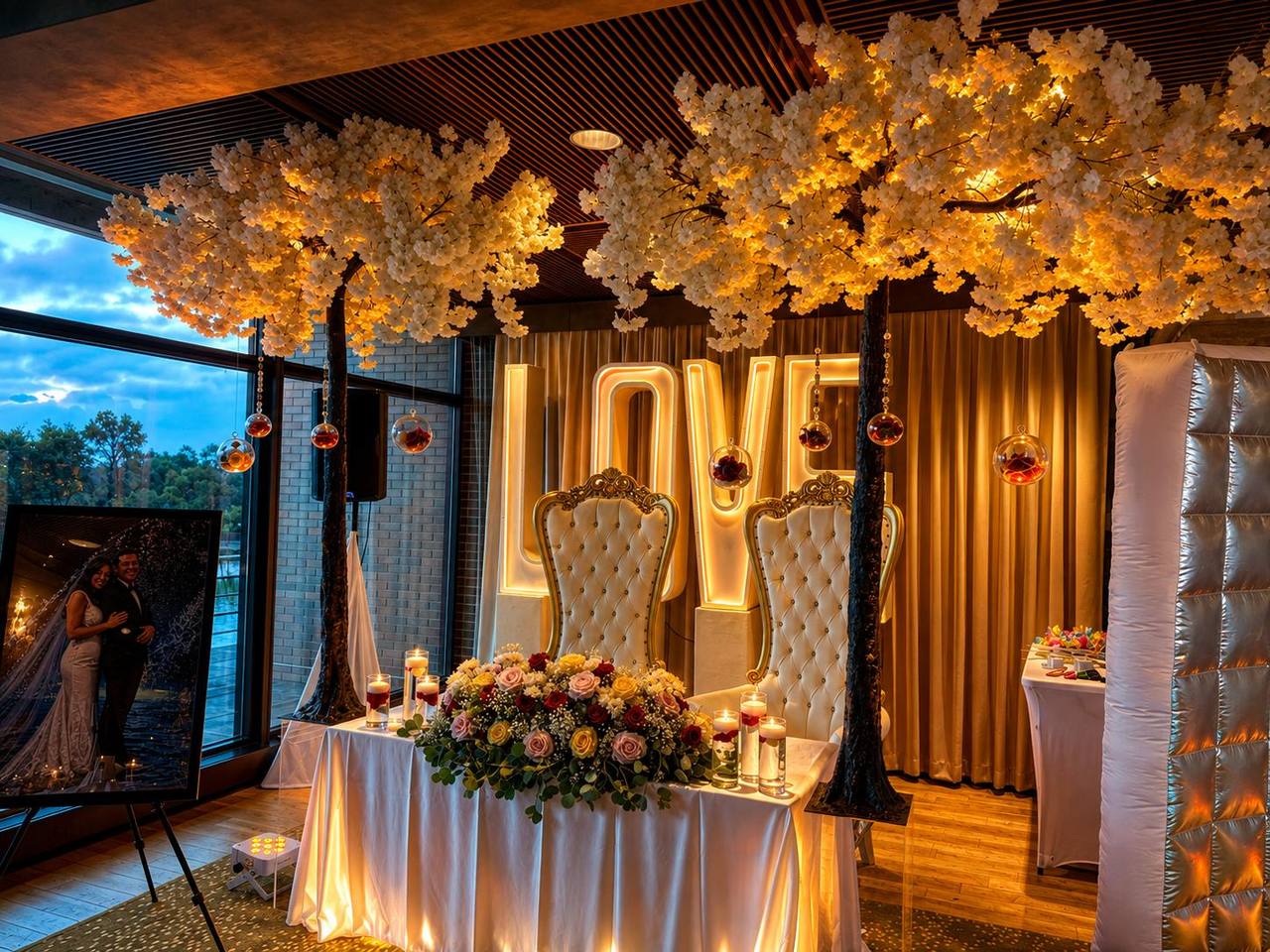 Mesa de novios bajo árboles de flores iluminados, con letras LOVE al fondo